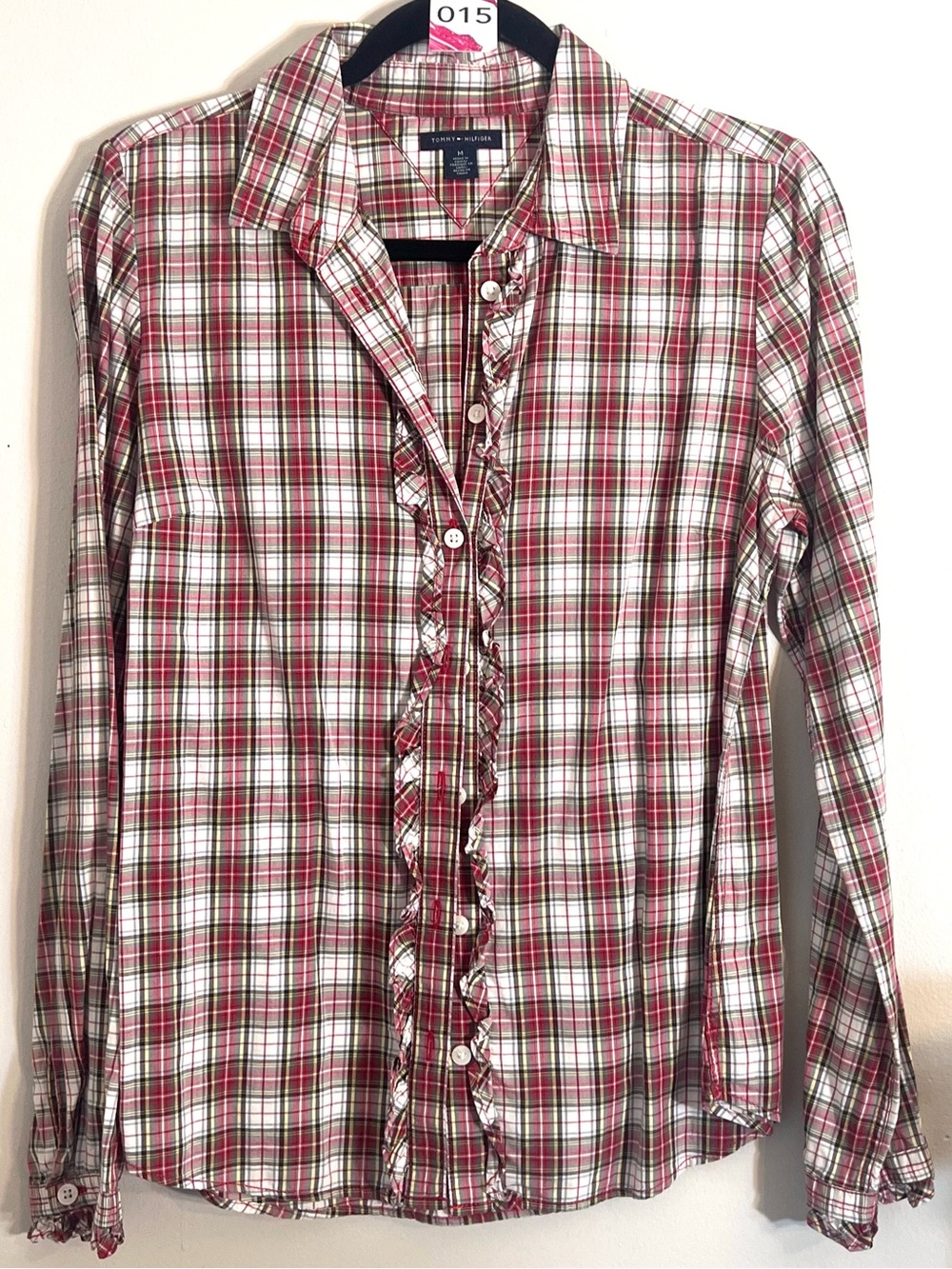 Tommy Hilfiger Red White Green Plaid Ruffle-Trim Button Down Shirt